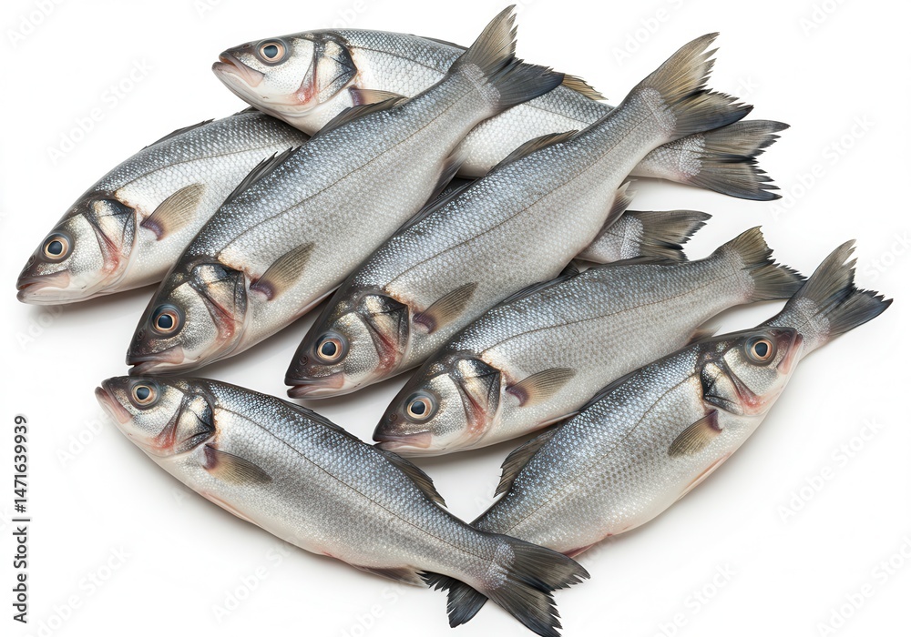 Pile of fresh european sea bass fish displayed on a white surface in a studio shot Pile of fresh european sea bass fish displayed on a white surface in a studio shot