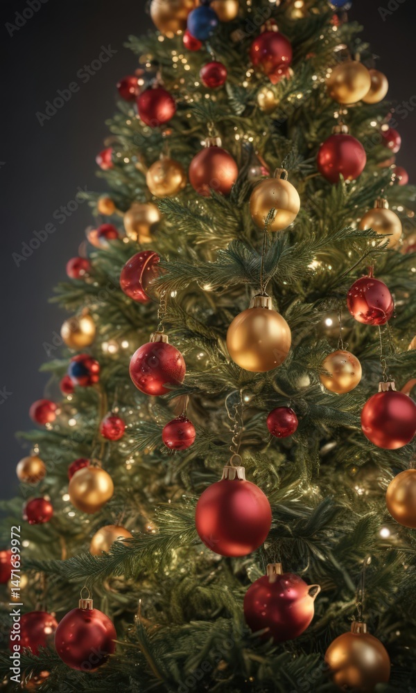 Fototapeta premium Vibrant baubles adorn a Christmas tree, encircled by a warm, glowing, bokeh-filled light show , joy, abstract