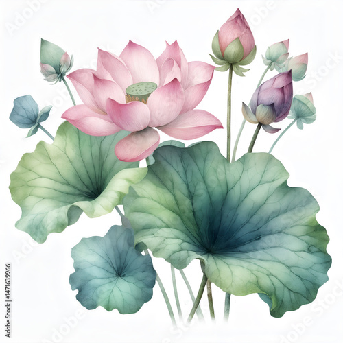 Lotus flowers in watercolor style. Pink flowers and buds. Close-up of a lotus on a white background. Delicate flowers