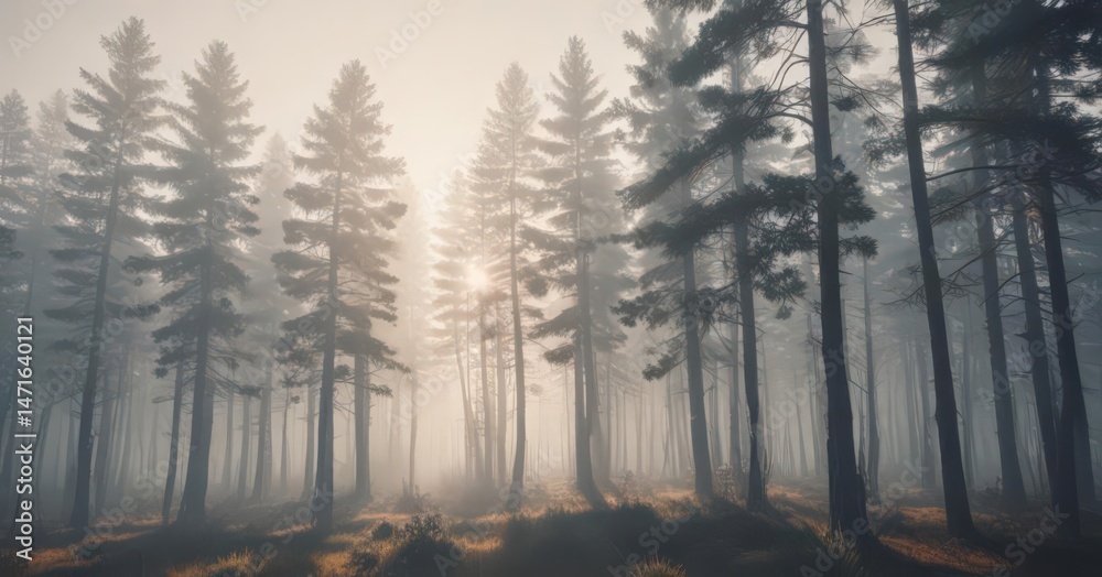 Obraz premium Sun-drenched misty pines, retro film grain effect, old, vintage, mist