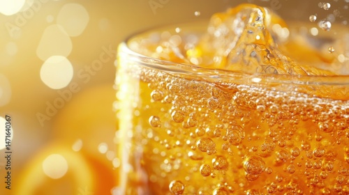 Refreshing Carbonated Beverage with Ice and Citrus Slices in a Summery Setting for Enjoyment and Relaxation