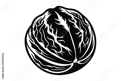 Black silhouette of a whole cabbage shows intricate leaf details clearly outlined
