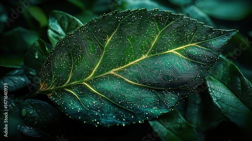 Futuristic leaf: a fusion of nature and technology with circuit patterns and digital glow