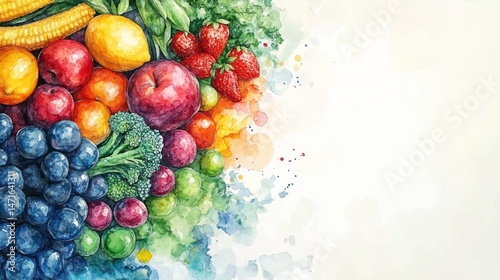 Vibrant watercolor painting of a variety of colorful fruits and vegetables.