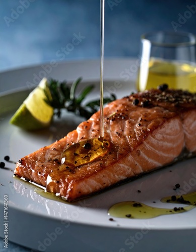 Food Editorial AI Generated - Freshly cooked salmon fillet with herbs and olive oil drizzled on white plate garnished with lemon and pine in elegant setting photo