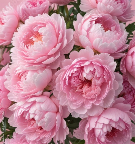 Tightly packed pink peonies, pastel pink background,  bunch,  floral design