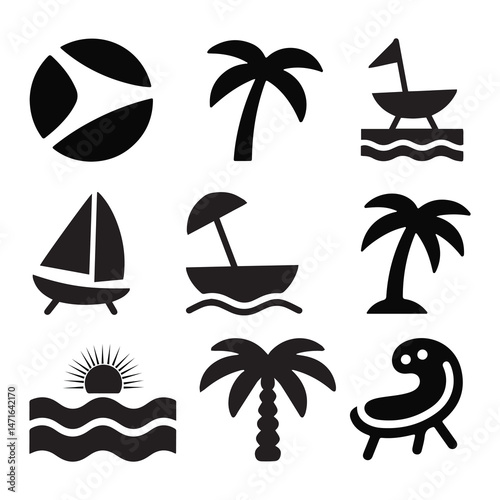 Summer Silhouettes. Summer shapes and Elements. Vector summer shapes. Ice-cream, Seashells, palms, Beach, The sun, Tree, Summer Sunset photo