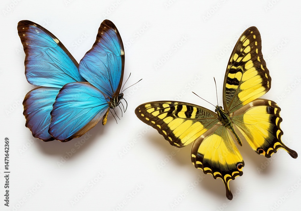 Obraz premium Two butterflies, one blue morpho and one yellow swallowtail, displayed against a white background