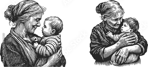  Heartwarming Woodcut Engraving Design of a Loving Grandmother Holding Her Grandchild – Detailed Vintage-Style Family Scene Perfect for Engraving, Wood Art
