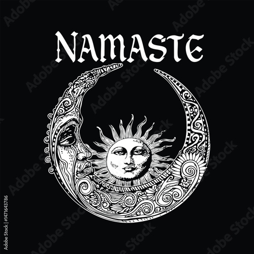 Namaste celestial design featuring moon sun and ornate detailed ornamental elements