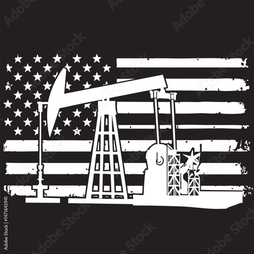 American flag with oil derrick silhouette representing energy industry and patriotism