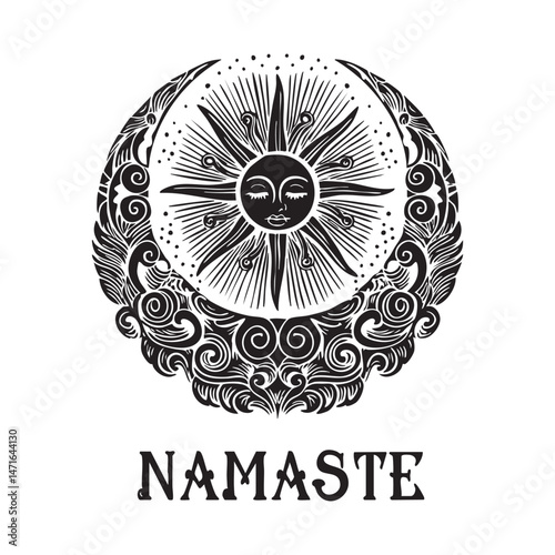 Artistic black and white bohemian sun and moon symbol with namaste text