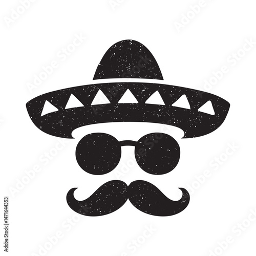 Stylized mexican character design with sombrero sunglasses and mustache in textured style