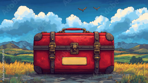 Vintage red suitcase landscape illustration