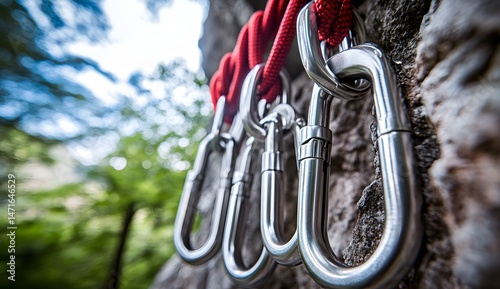 Close-up of climbing carabiners attached to a rope. photo