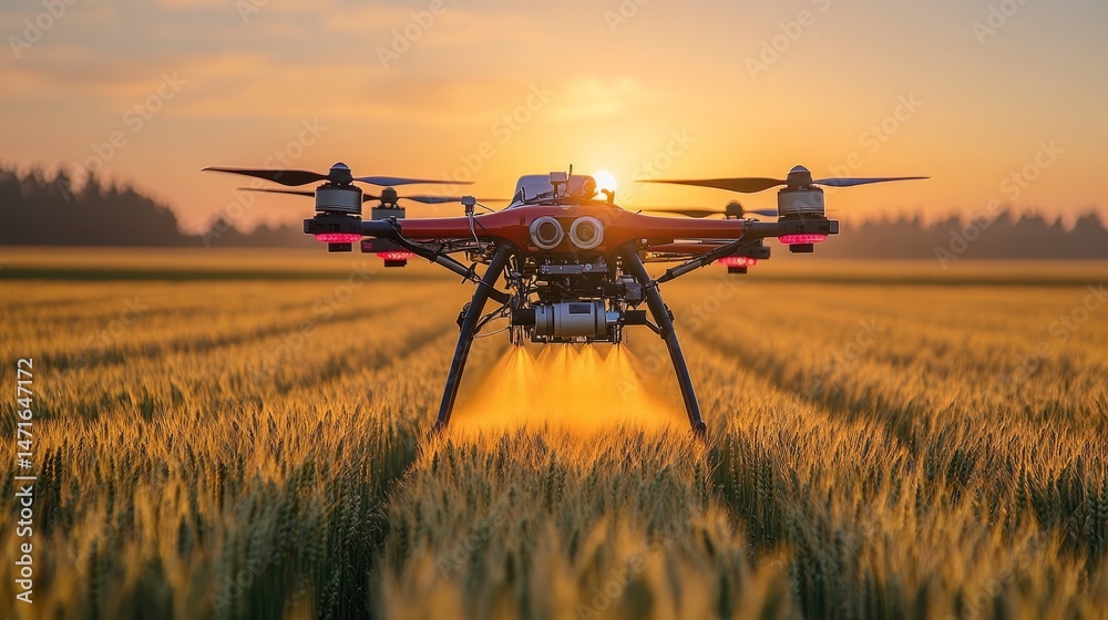 Fototapeta premium Close-up of a pesticide drone mid-flight, nozzles spraying liquid over an expansive wheat field at sunrise