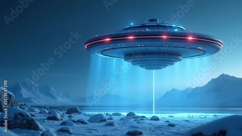 Extraterrestrial encounter: UFO hovering over frozen landscape with beaming light