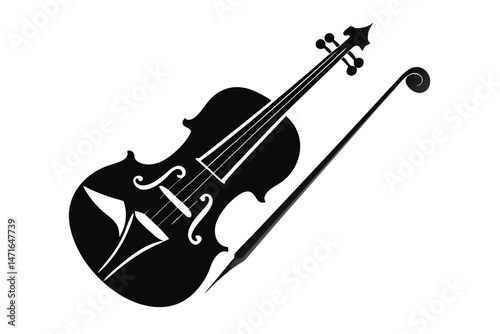 Isolated black silhouette showcases a classical violin with its bow placed beside it beautifully