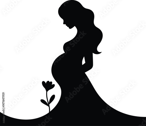 Pregnancy Silhouette:  A  simple yet powerful black silhouette of a pregnant woman with flowing hair, standing gracefully with a delicate flower emerging from the ground.