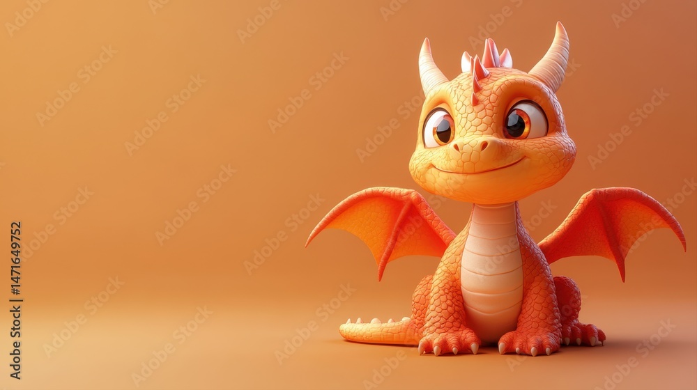 Obraz premium Adorable Orange Dragon Character with Big Eyes and Cheerful Expression on Smooth Background