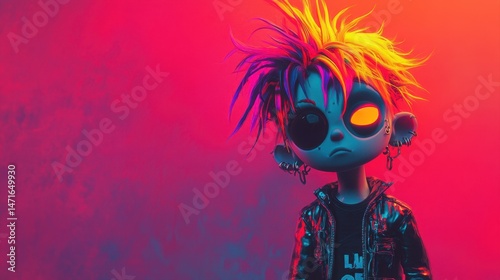Colorful animated character with vibrant hair and unique accessories standing against a vivid backdrop