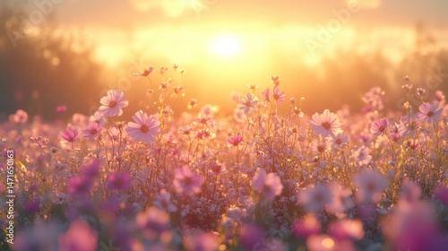 A field of cosmos flowers at sunset.  Golden light bathes the blossoms photo