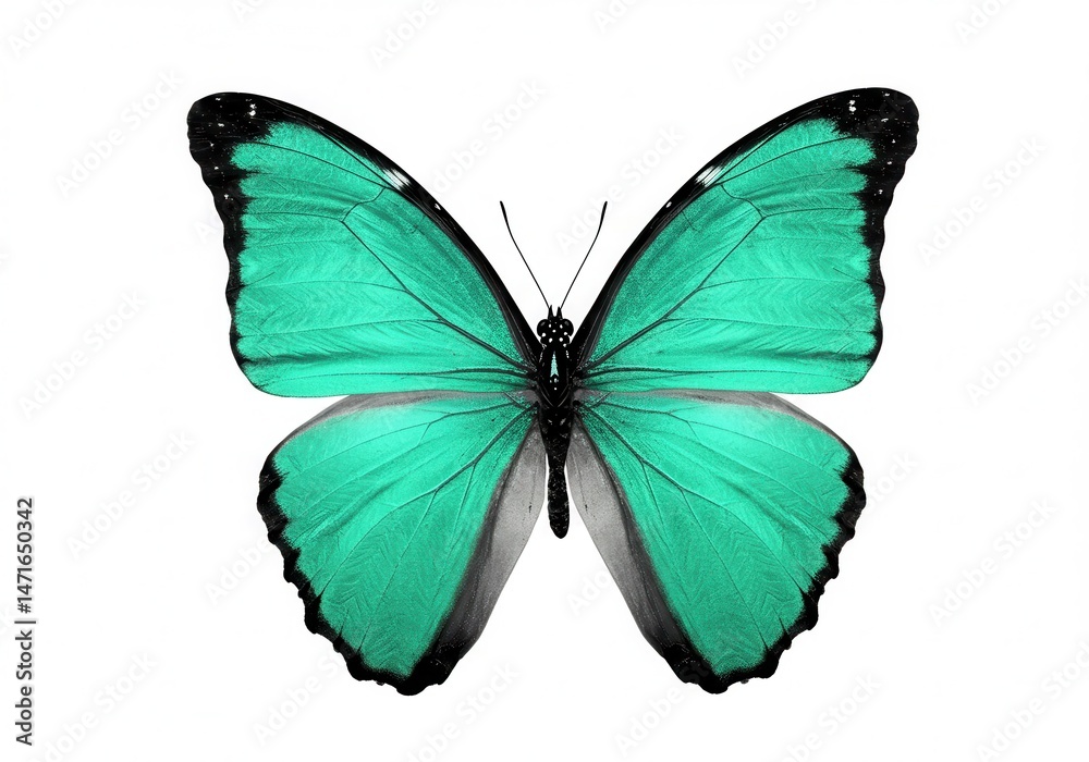 Fototapeta premium Vibrant turquoise butterfly with black markings isolated against a clean white backdrop in a close-up view