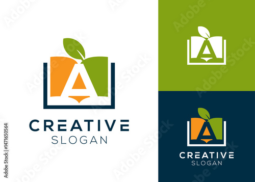 Letter A with open book and leaves logo design