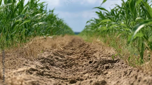 Tranquil rural farmland featuring row crops and a textured dirt path under a bright sky, showcasing agricultural landscape