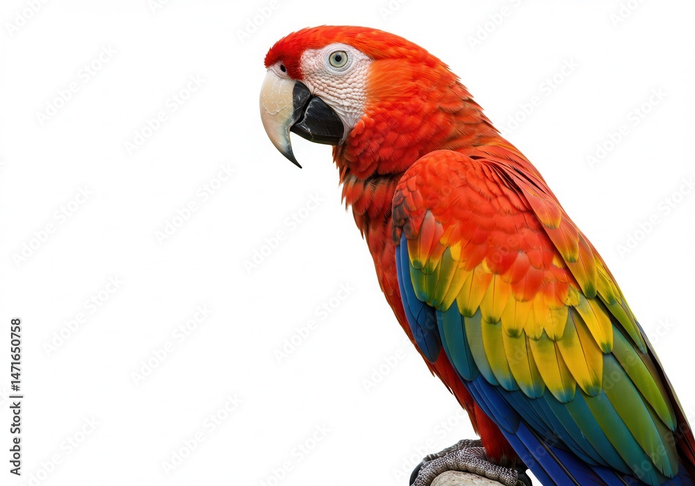 Fototapeta premium Scarlet macaw perched on a branch with vibrant red, yellow, and blue feathers against a white background