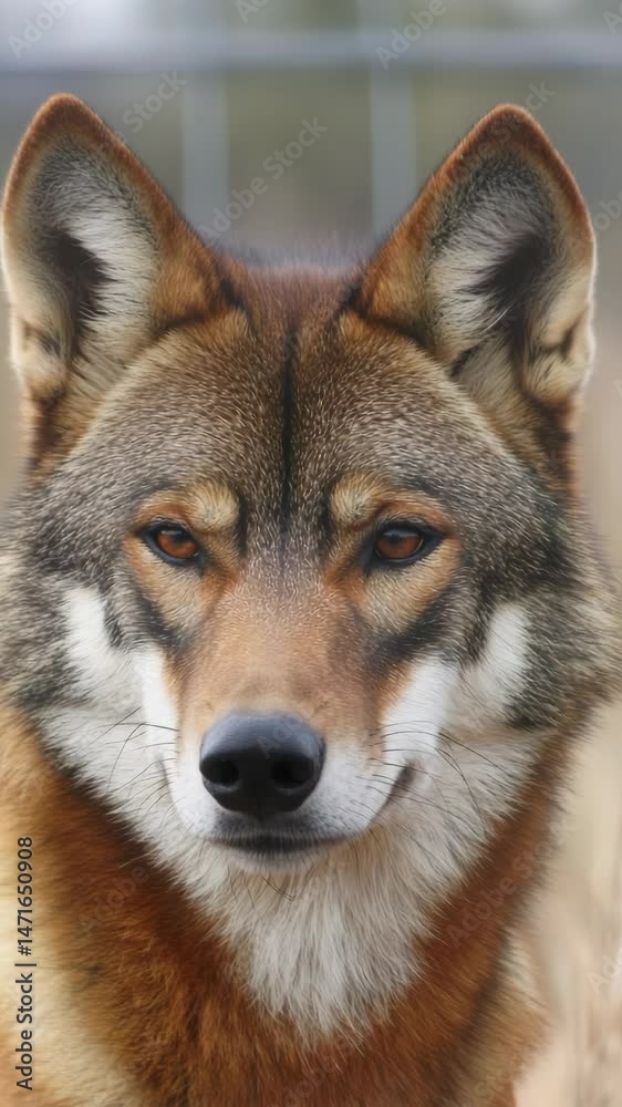 Intense headshot portrait captures the direct gaze of a red wolf with focused golden eyes and detailed fur in soft natural lighting. Intense headshot portrait captures the direct gaze of a red wolf with focused golden eyes and detailed fur in soft natural lighting.