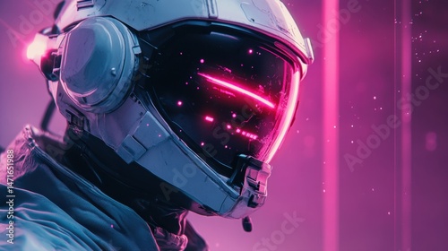 Futuristic Astronaut Helmet with Neon Lights in a Vibrant Sci-Fi Environment