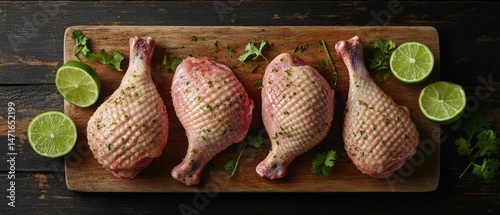 Four seasoned duck legs on a wooden board.