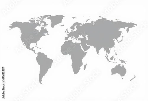 Simple grey world map silhouette, flat vector illustration, isolated on white, geography, silhouette