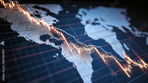 Economic crisis concept showing falling stock chart with global business and money symbols representing financial downturn and risk of bankruptcy