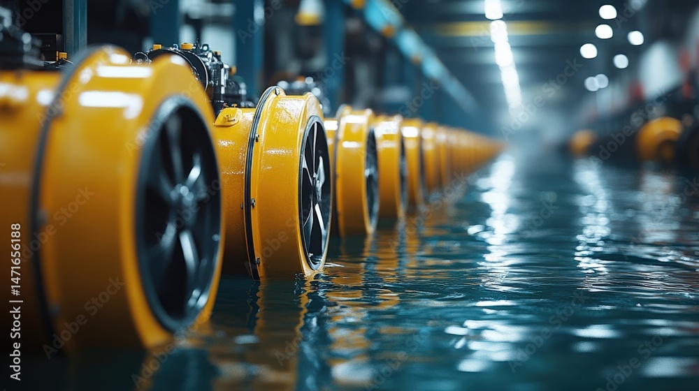 Obraz premium Industrial equipment with yellow accents reflected in water surface