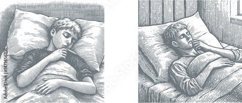 Woodcut Engraving Design of a Sick Young Man Resting in Bed – Vintage Style Illustration for Healing, Illness, or Recovery-Themed Art, Perfect for Medical or Emotional Concept Projects