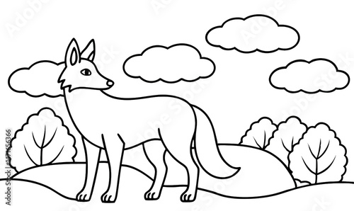 Fox sitting peacefully in a grassy field under a cloudy sky, perfect for coloring fun.