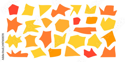 Abstract organic shape round form set. Liquid organic blob curve shape figure. Abstract liquid bubble, different form.red, yellow and orange sharp round oval pattern background. Vector illustration 