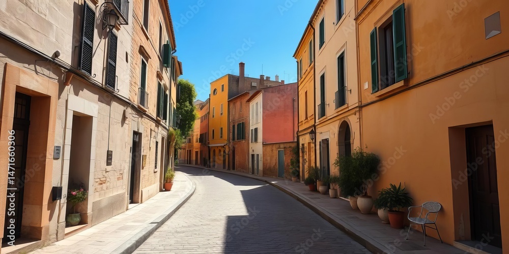 Fototapeta premium Sun-drenched Arles alleyway, cobblestones, shadows, empty, space, narrow