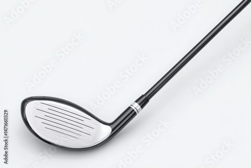 Close-up view of a golf club head, showcasing its sleek design. The shiny surface contrasts with the black color of the shaft, emphasizing the grooves for improved performance during play.