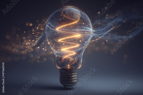 A unique light bulb showcases a swirling filament that emits a warm glow. Surrounding sparkles enhance the intriguing visual, creating a captivating atmosphere in a dim setting.