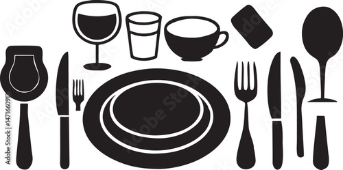 Black and White Dining Utensils Line Art