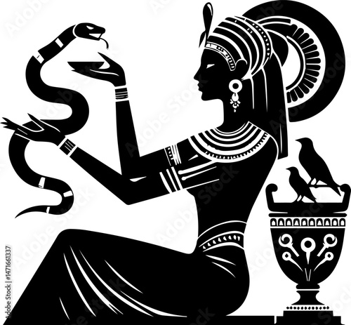 Ancient Egyptian woman holding a snake and a bowl in silhouette  