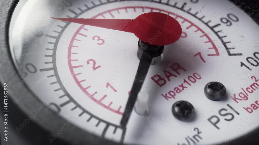 Foot pump pressure gauge extreme close up stock footage