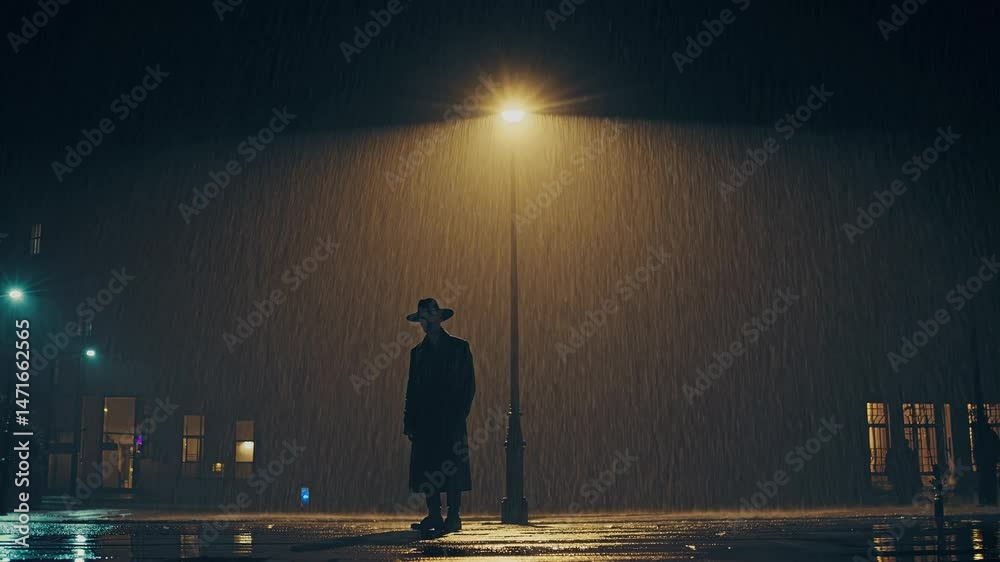 Jewish man wearing traditional clothes standing still under a street light in the rain at night
