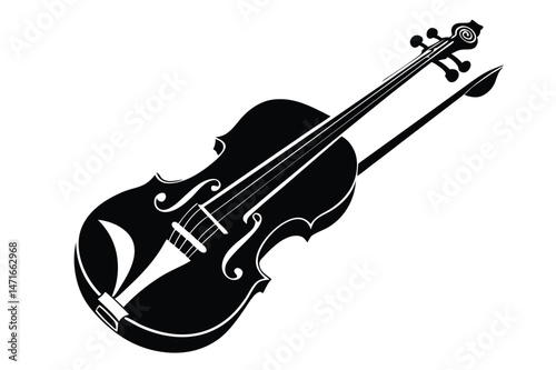 Striking monochrome violin silhouette showcases graceful curves with a bow, capturing classical musical elegance