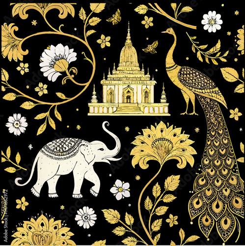 Myanmar or Burma – Ornate gold pattern, seamless traditional Bagan temple carvings, peacocks, elephants, and intricate floral details, gold, black
