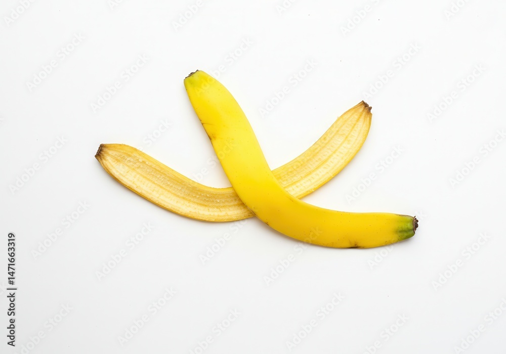 A single banana peel lying on a white surface, showing the inside of the skin and the yellow exterior A single banana peel lying on a white surface, showing the inside of the skin and the yellow exterior