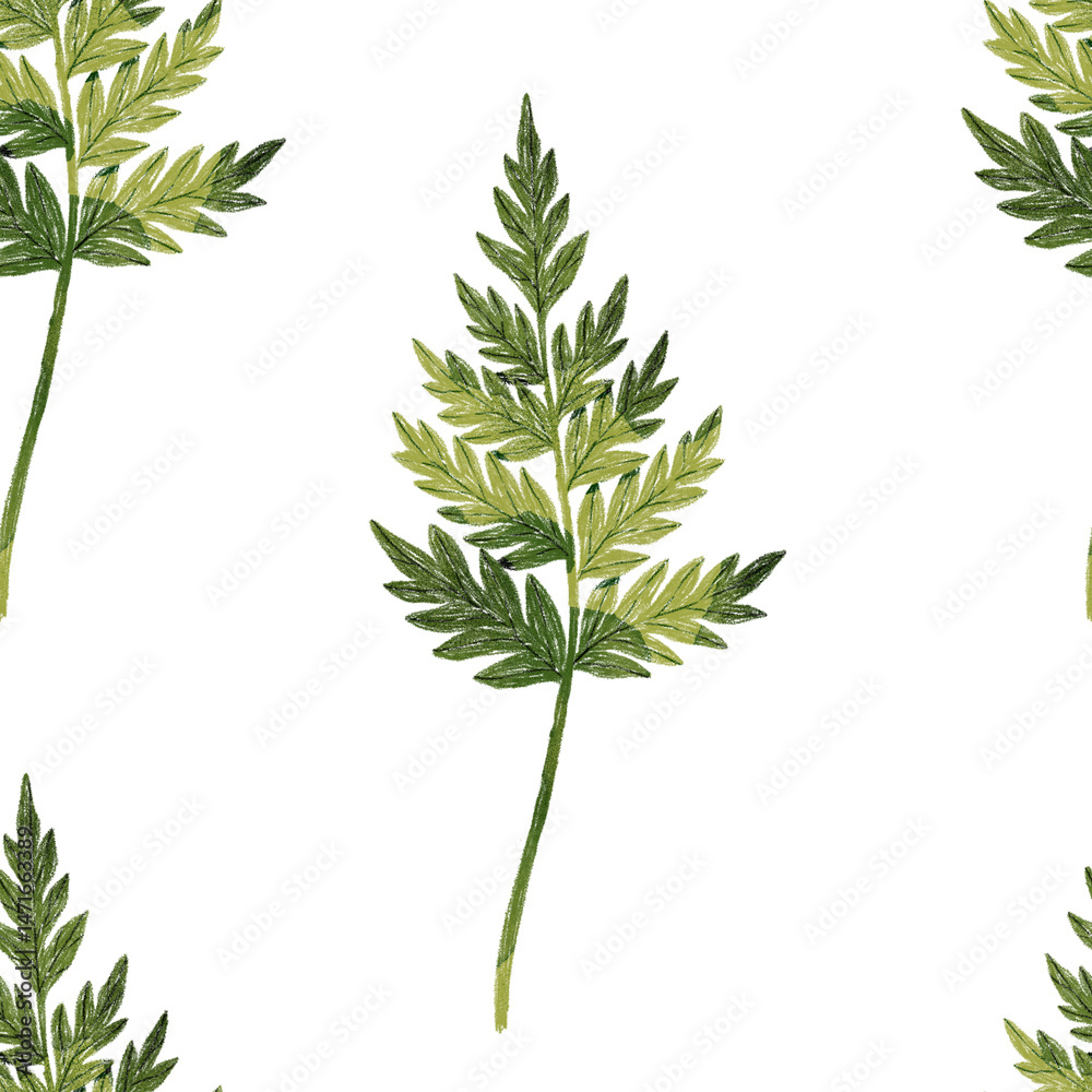 Fototapeta premium Stylized minimalist modern watercolor botanical pattern. Wallpaper, textile seamless background. Green foliage pattern.